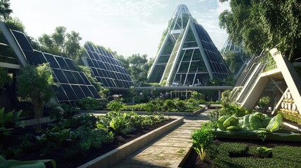 Poster - A conceptual rendering of a self-sustaining eco-village with renewable energy sources and green spaces.
