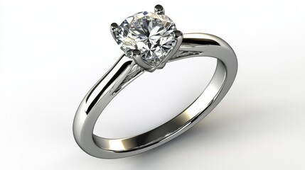 Poster - A close-up of a solitaire diamond ring, featuring a brilliant cut, placed on a simple white background to emphasize its beauty and elegance.