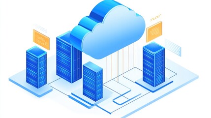 Poster - A creative representation of a cloud network, featuring interconnected server nodes and a two-tone cloud icon for modern data management.