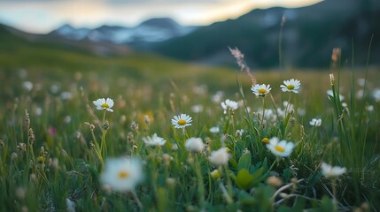 Poster - Charming closeup of delicate white daisies blooming in a lush green field during spring : Generative AI