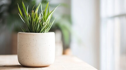 Poster - Potted Green Plant Sitting on a Wooden Table with Natural Light Pouring In Through the Window : Generative AI
