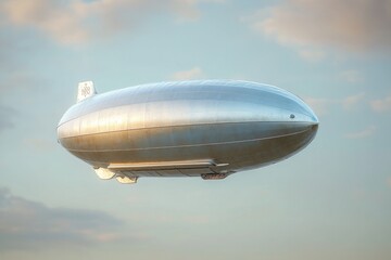 Poster - A large silver blimp flying through a cloudy sky, great for adventure or travel illustrations