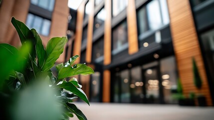 Poster - Modern architecture showcased with elegant wooden panels and vibrant greenery at the entrance : Generative AI
