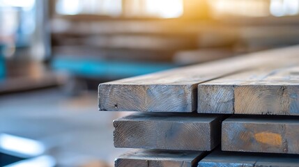 Poster - Closeup view of stacked wooden planks in a welllit workshop showcasing craftsmanship and highquality timber : Generative AI