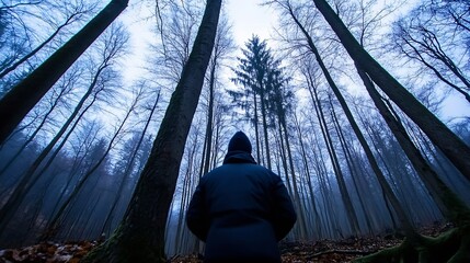Poster - Individual standing amidst tall trees in a foggy forest setting creating a dramatic silhouette against the mist : Generative AI