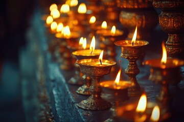 Poster - Row of lit candles placed on a table with a warm and cozy ambiance
