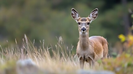 Aufkleber - Adorable young deer standing gracefully in tall grass showcasing natural beauty in serene surroundings : Generative AI