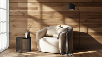Poster - A cozy corner of a living room with a comfy armchair, a small side table, and a floor lamp, creating an ideal reading nook filled with warmth.