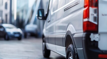 Poster - Close up view of a modern white delivery van parked on a city street showcasing its sleek design : Generative AI
