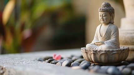 Aufkleber - Serene composition featuring a stone Buddha sculpture surrounded by pebbles and a soft focus background for peaceful ambiance : Generative AI