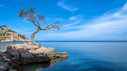 Aufkleber - Lonely tree standing on rocky shore by the calm blue sea under bright sky : Generative AI