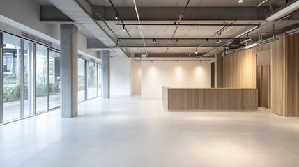 Poster - Modern spacious interior design of an empty stylish office space with ample natural light streaming in : Generative AI
