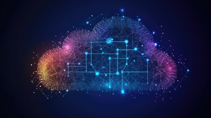 Poster - A dynamic representation of cloud computing with interconnected server nodes and two-tone cloud, illustrating data flow and scalability.