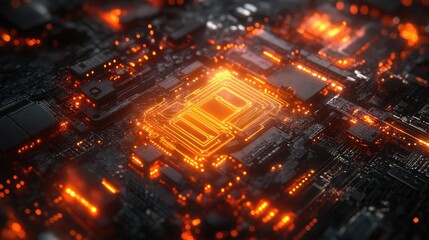 Poster - High-tech circuit board with glowing processor, close-up view, digital art, futuristic