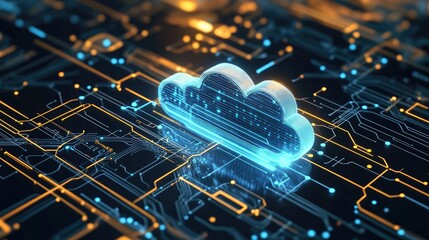 Poster - A futuristic cloud architecture with server nodes, interconnected via a network grid and a two-tone cloud symbol, symbolizing scalability.