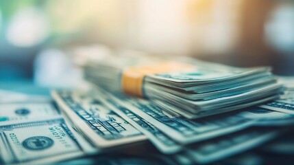 Poster - Stack of hundred dollar bills with a warm glow highlighting the cash and financial themes : Generative AI