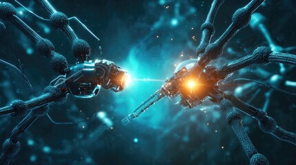 Poster - A futuristic concept of nanobiotechnology featuring tiny robotic structures working at the cellular level.