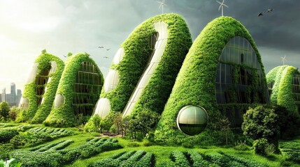 Poster - A futuristic eco-district featuring urban farming and renewable energy solutions.