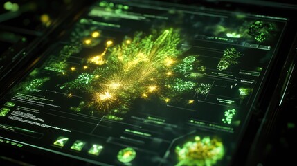 Poster - A futuristic holographic interface displaying biomass energy statistics and carbon footprint reduction.