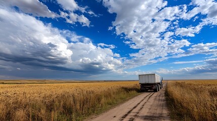 Poster - A truck driving down a dirt road through expansive fields under a dramatic sky filled with clouds : Generative AI
