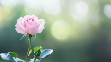 Poster - Delicate pink rose blooming in a soft focus background symbolizing beauty and nature's elegance : Generative AI