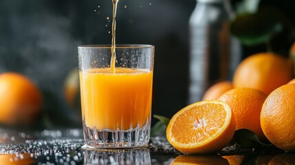 Aufkleber - A freshly cut orange being squeezed over a glass, with droplets of juice and vibrant colors filling the glass in a dynamic, mouthwatering shot.