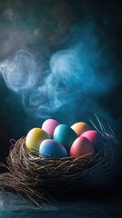 Aufkleber - A nest filled with colorful eggs sitting on a table, perfect for Easter or spring-themed designs