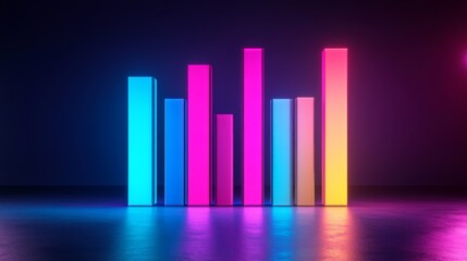 Poster - A futuristic D bar chart with illuminated bars in various heights, highlighting business growth data in a digital finance environment.