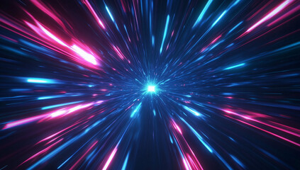 Poster - Abstract blue light speed background with laser rays and glowing flare in the center, motion blur effect, futuristic design concept for technology or science illustration.