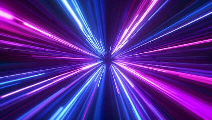 Poster - Abstract blue light speed background with laser rays and glowing flare in the center, motion blur effect, futuristic design concept for technology or science illustration.