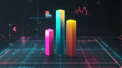 Leinwandbilder - A futuristic financial D bar graph showing rising bars in bright colors, floating against a digital grid background with financial symbols.