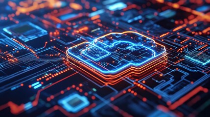 Poster - A high-tech illustration of a cloud computing system with interconnected nodes, showcasing infrastructure and scalability.