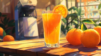 Poster - A glass of freshly squeezed orange juice sitting on a rustic wooden table, with a few whole oranges and a juicer in the background, evoking a refreshing feel.
