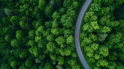 Poster - Aerial View of Dense Green Forest with Curved Road and Natural Beauty : Generative AI
