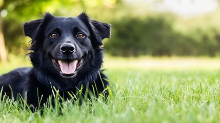 Poster - Happy black dog resting on fresh green grass enjoying a sunny day outdoors : Generative AI