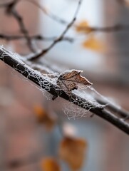 Aufkleber - Autumn Leaf Trapped in Webs on a Branch Captured in Detail : Generative AI