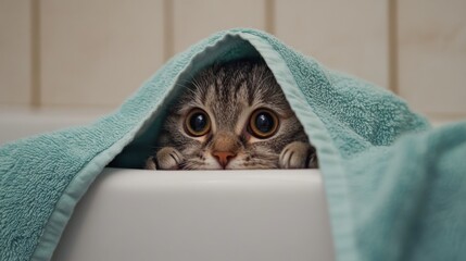 Poster - A heartwarming image of a cat peeking out from a bath towel, with only its head visible, showcasing the cozy aftermath of a refreshing bath.
