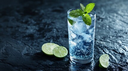 Poster - A highball glass filled with soda, garnished with fresh mint leaves and lime slices, resting on a textured stone surface with soft lighting.