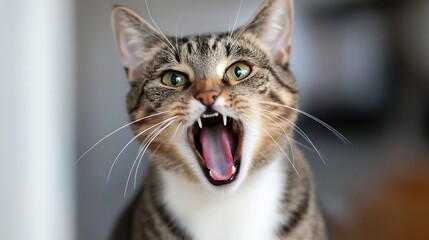 Poster - Close up of a playful cat showing its teeth in an amusing and energetic pose : Generative AI