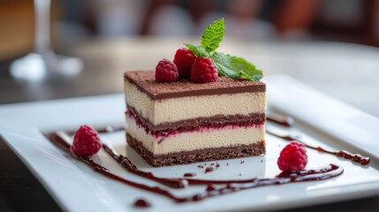 Poster - A luxurious chocolate dessert plated with a drizzle of raspberry sauce and garnished with mint leaves, showcasing a refined and indulgent culinary creation.