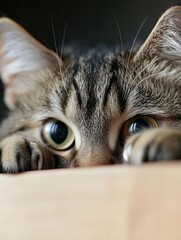 Aufkleber - A close up image of a curious tabby cat peering over a surface highlighting its large expressive eyes : Generative AI