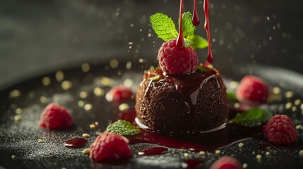 Poster - A luxurious chocolate dessert plated with a drizzle of raspberry sauce and garnished with mint leaves, showcasing a refined and indulgent culinary creation.