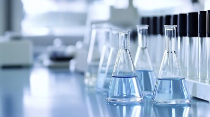 Poster - Laboratory Glassware with Clear Liquids on a Clean Workbench Surface : Generative AI