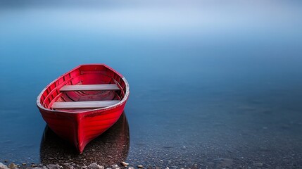 Poster - Beautiful red boat resting peacefully on the calm waters of a serene lake at twilight : Generative AI