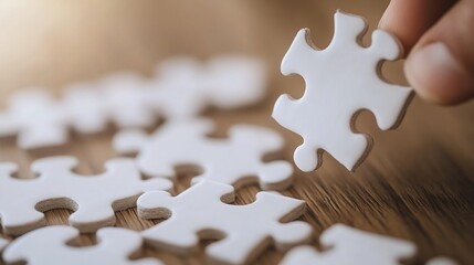 Poster - Closeup of a hand holding a single puzzle piece above scattered white pieces on a wooden surface : Generative AI