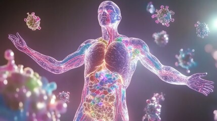 Poster - A medical visualization of the human immune system, featuring lymph nodes, white blood cells, and antibodies circulating in the body.