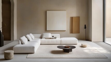 Aufkleber - A minimalist white sofa set against a neutral backdrop, complemented by a soft rug and artistic decor, creating a serene and inviting space for relaxation.
