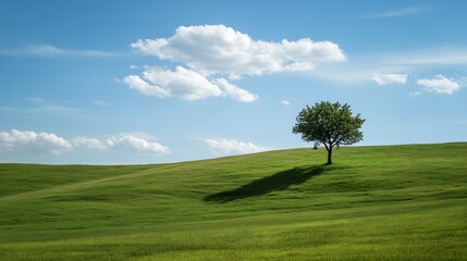 Poster - Lone tree standing majestically on a lush green field under a bright blue sky : Generative AI