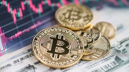 Leinwandbilder - Stack of shining Bitcoin coins on top of US dollar bills showing cryptocurrency trend : Generative AI