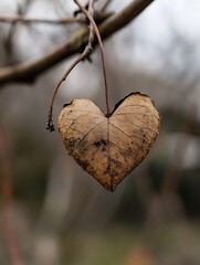 Poster - Beautiful Heart Shaped Dry Leaf Hanging Gracefully from a Branch in Nature : Generative AI